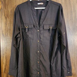 Calvin Klein Long or 3/4 Sleeve button down blouse - gold metal accents!